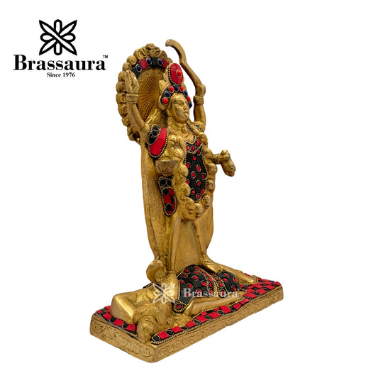 Brassaura™ Brass Gem Stone Work Kali Maa Idol – Height 10.8 Inches & Weight 3.9 Kgs | Hindu Goddess Statue