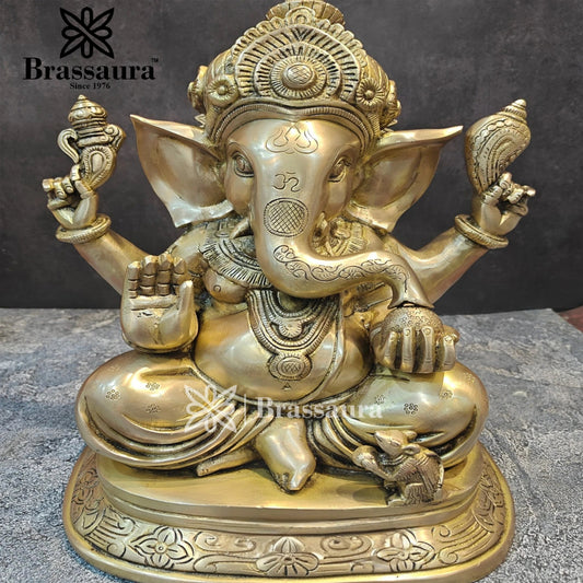 Brassaura™ Brass Ganesha Statue for Home and Decor | Weight 12 Kgs | Height 16 Inches