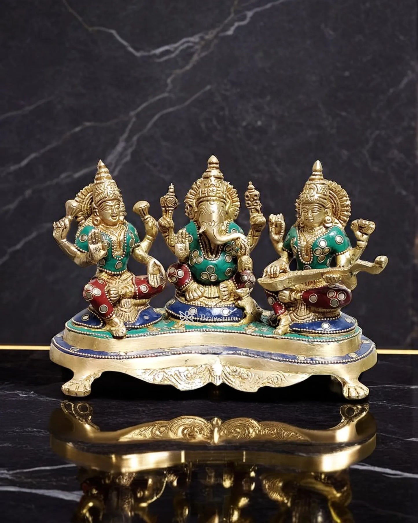 Brass Gem Stone Work Laxmi Ganesha Saraswati Murti for Home and Decor Height 6.5 Inches & Weight 3 Kgs