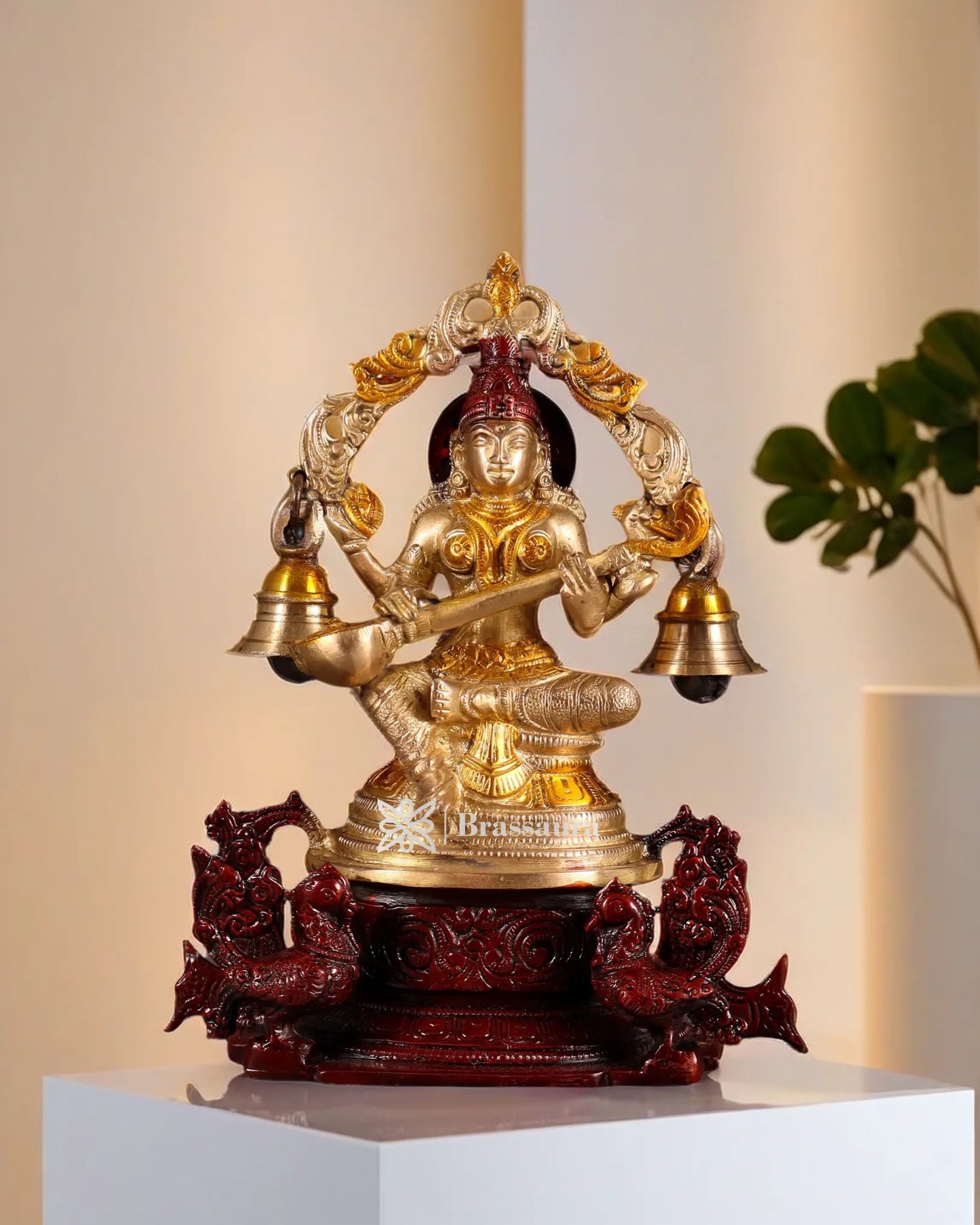 Brassaura™ Premium Brass Saraswati Idol – Height 8.2 Inches & Weight 2.17 Kgs | Devotional Statue