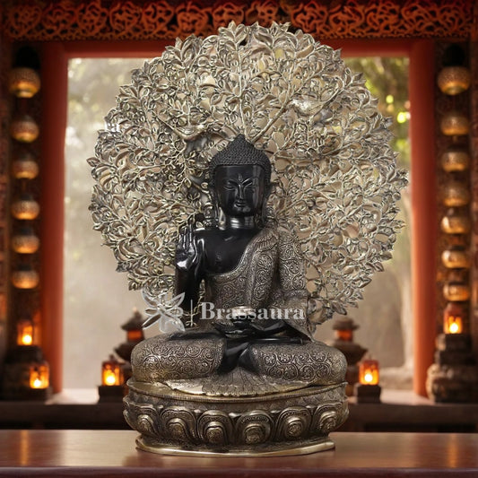 Brassaura® Brass Buddha Under Bodhi Tree Idol – Pure Superfine Brass Handcrafted Murti | Brass Statue for Home Temple, Pooja Room | Height 29 Inches | Weight 29.63 Kgs