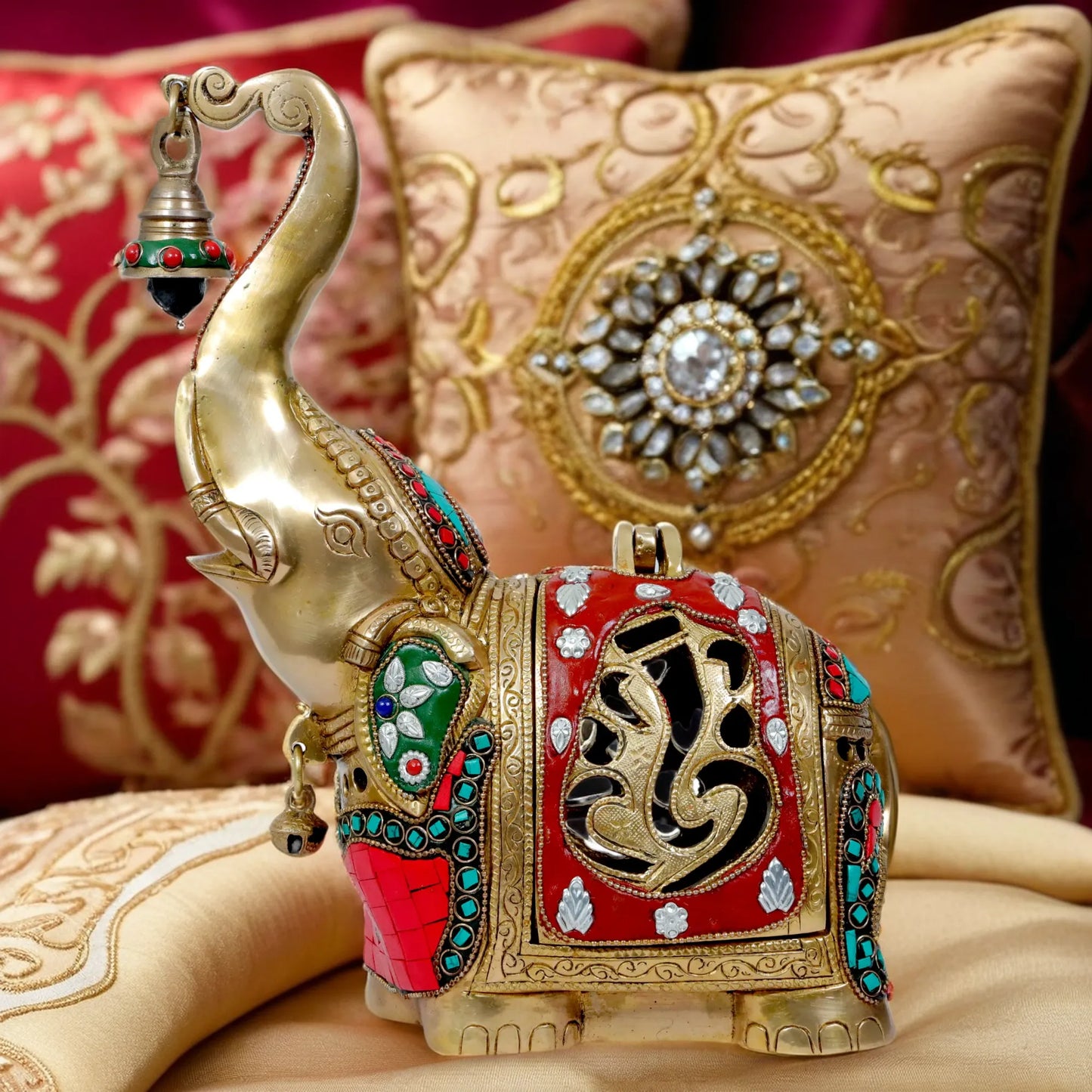 Brass Gem Stone Work Elephant Deepak Dhop Daan Weight 4 Kg Height 32 cm