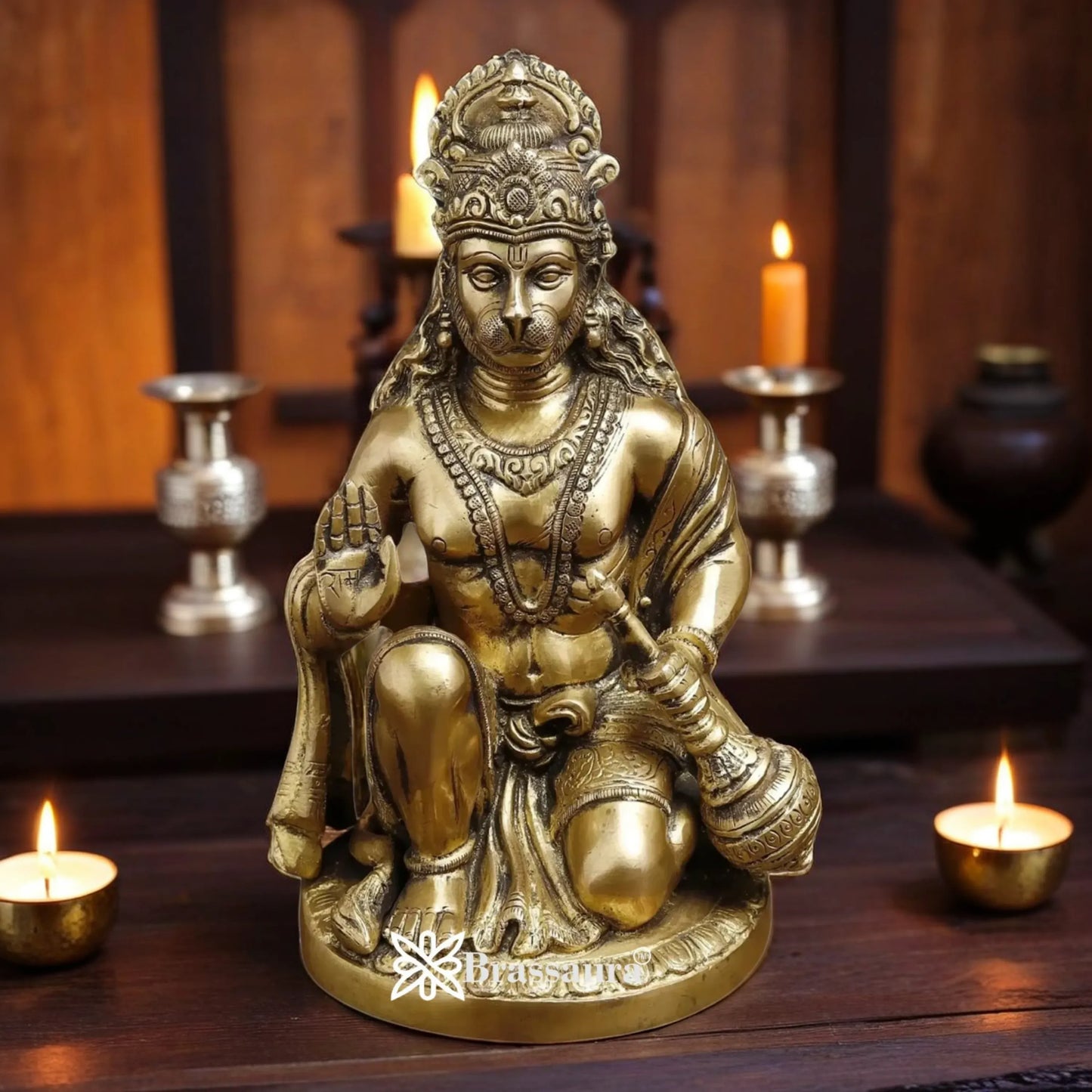 Brassaura™ Exquisite Brass Hanuman Statue – Height 9 Inches & Weight 3.6 Kgs | Temple Décor