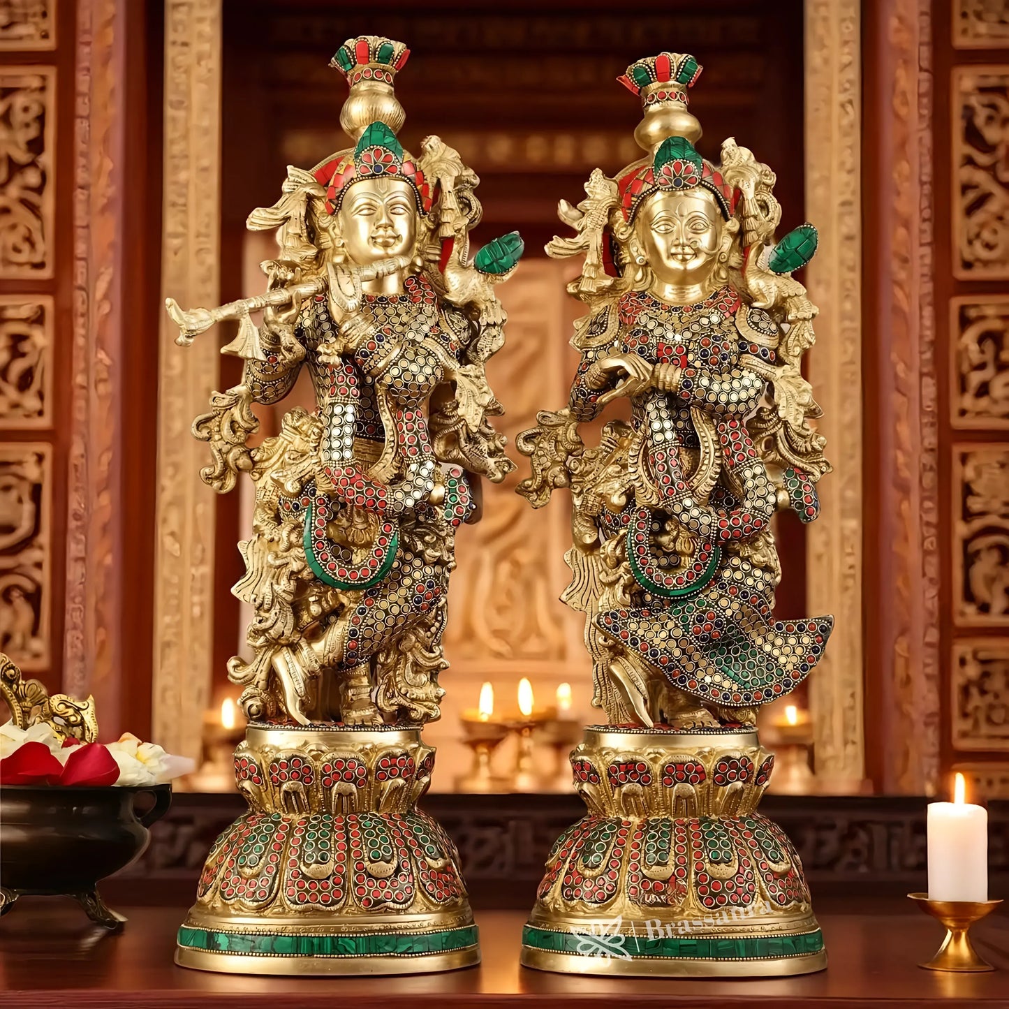 Brassaura™ Pure Brass Radha Krishna Statue with Brass Rings & Natural Stones – Height 21 Inches & Weight 18 Kgs | Elegant Devotional Idol