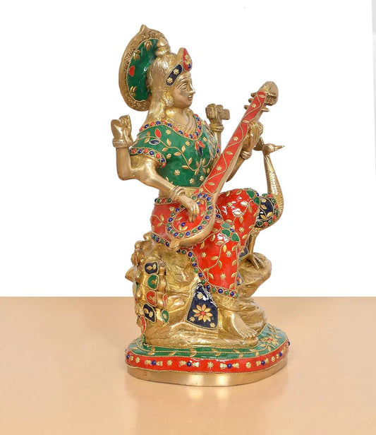 Brassaura® Multicolor Goddess Saraswati Brass Statue with Veena | Handcrafted Vidya Devi Idol | Height 15 Inches