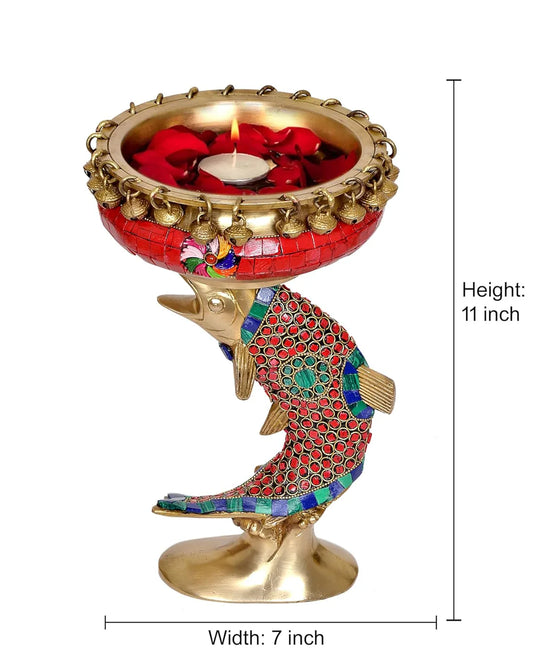 Brassaura® Brass Urli Bowl on Fish Design | Multicolor Stone Work Floating Bowl Décor | Height 11 Inches