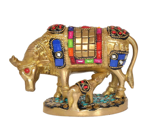 Brassaura® Brass Kamdhenu Cow with Calf Statue | Height 4 Inches | Multicolor Sacred Cow Idol for Home & Mandir