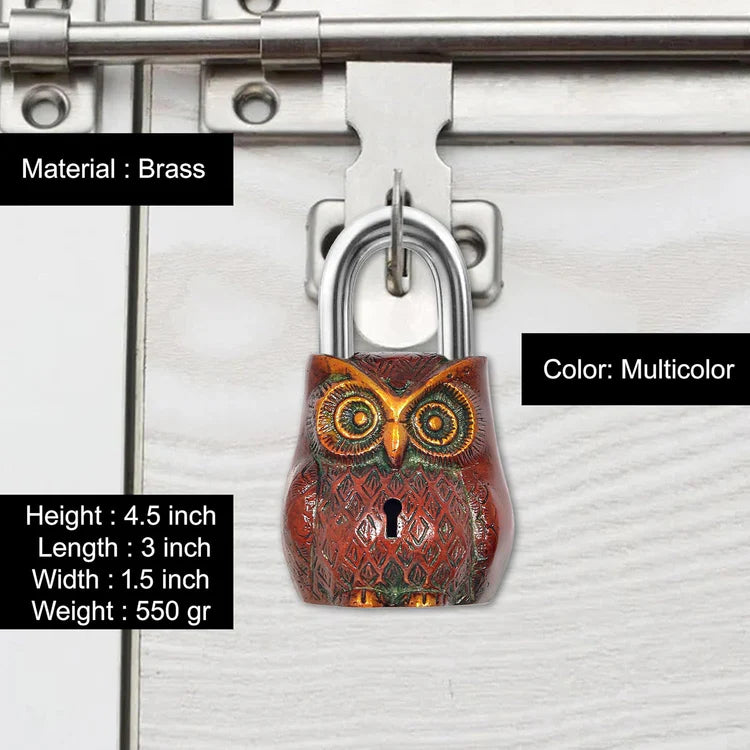 Brassaura® Owl Shape Brass Door Lock | Multicolor Handcrafted Finish | Height 4.5 Inches