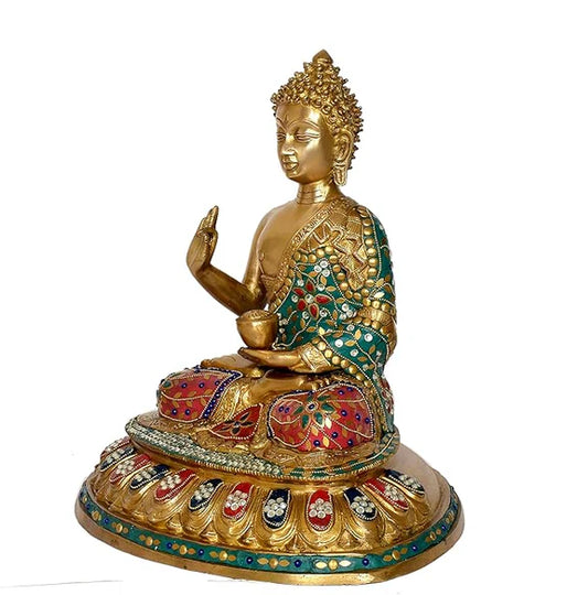 Brassaura® Brass Buddha Statue | 15 Inch Multicolor Buddha Idol | Handcrafted Brass Murti for Home & Meditation Décor