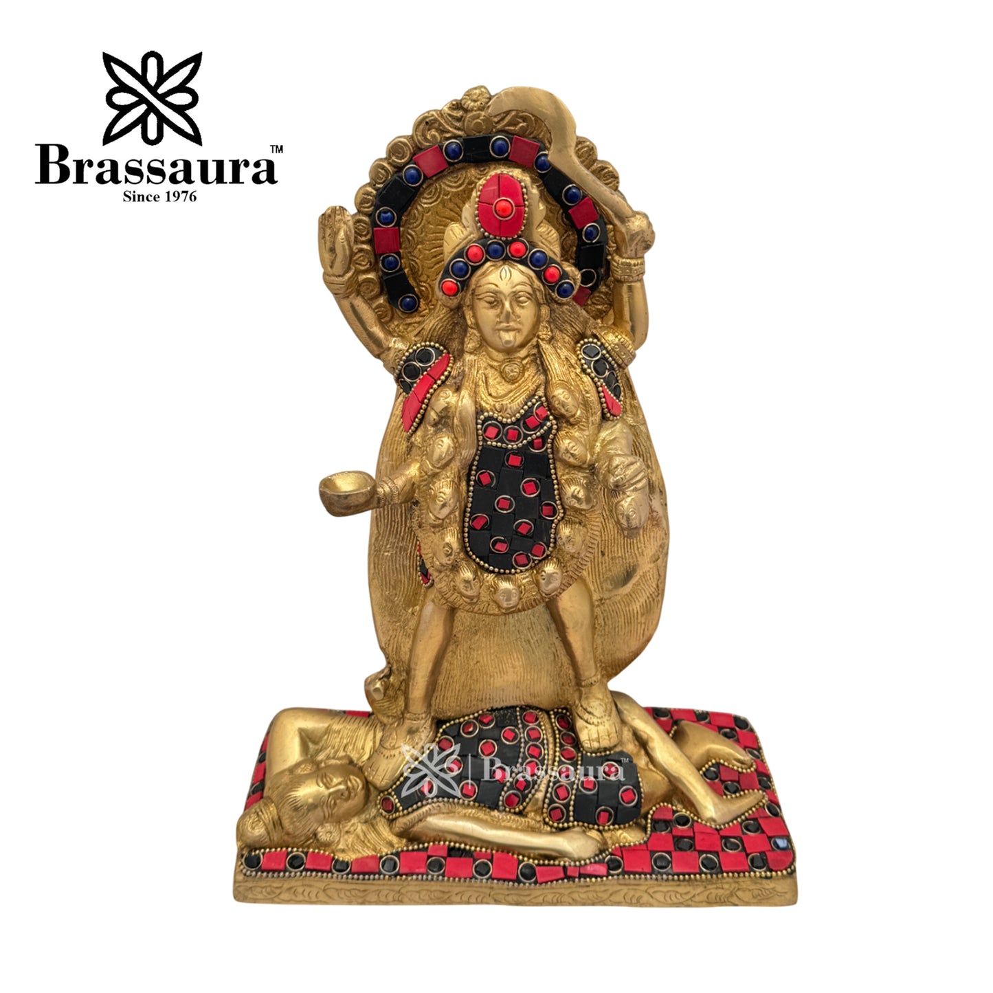 Brassaura™ Brass Gem Stone Work Kali Maa Idol – Height 10.8 Inches & Weight 3.9 Kgs | Hindu Goddess Statue