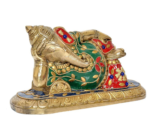 Brassaura® Brass Relaxing Ganesha Statue | 4 Inch Multicolor Ganpati Idol | Handcrafted Brass Murti for Home & Mandir