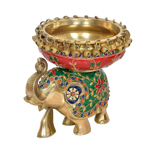 Brassaura® Brass Elephant with Urli Statue | Height 7.5 Inches