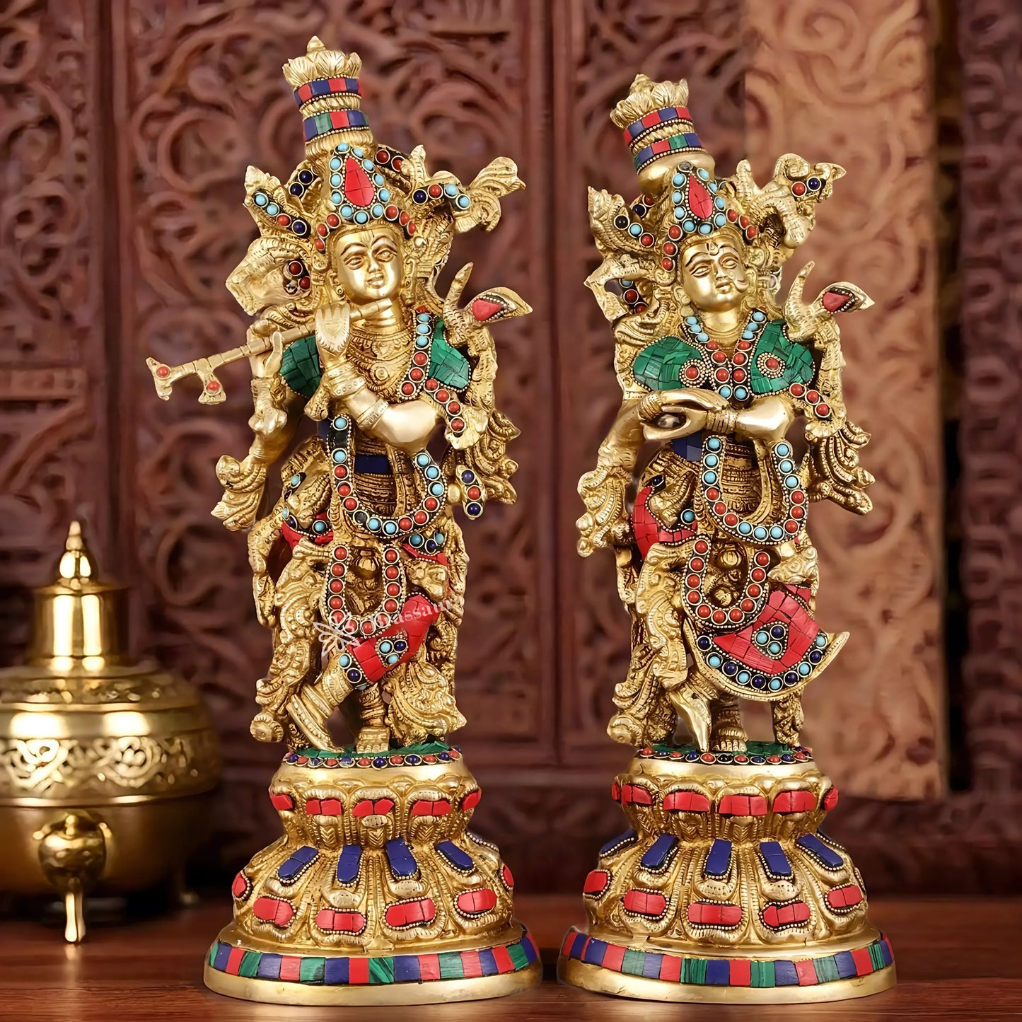 Brassaura™ Brass Radha Krishna Idol Pair with Exquisite Stonework – Height 15 Inches & Weight 10 Kgs | Divine Love Statues