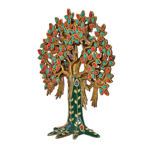 Brassaura® Brass Kalpavriksha Tree Statue | Height 10 Inches | Multicolor Stonework Wish Fulfilling Tree Showpiece