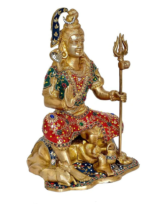 Brassaura® Brass Shiva Sitting Statue | Height 18 Inches | Multicolor Meditating Mahadev Idol for Home & Mandir