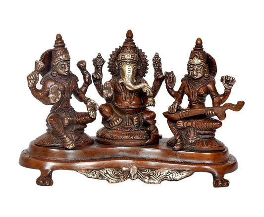 Brassaura® Brass Lakshmi Ganesh Saraswati Statue | Height 6.5 Inches | Multicolor Divine Idol for Home & Mandir