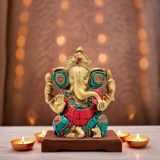 ब्रासुरा ब्रास जेम स्टोन वर्क अप्पू गणेश प्रतिमा घर की सजावट के लिए, ऊंचाई 16 सेमी