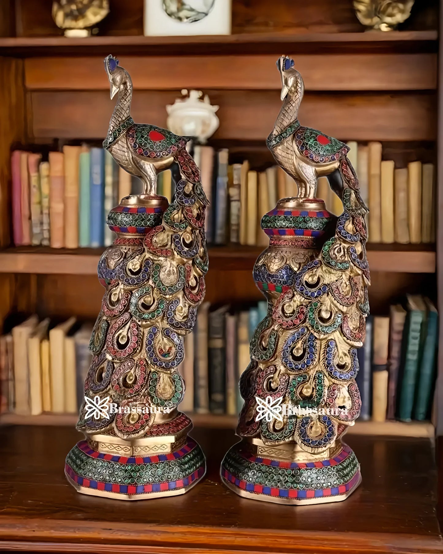 Brassaura™ Brass Peacock Pair with Meenakari Detailing – Height 20 Inches & Weight 17 Kgs (Pair)