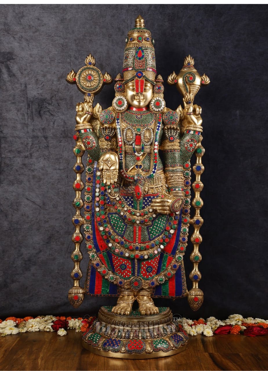 Brassaura™ Majestic Brass Lord Venkateshwara Idol with Stonework – 48 Inches, 49 Kgs