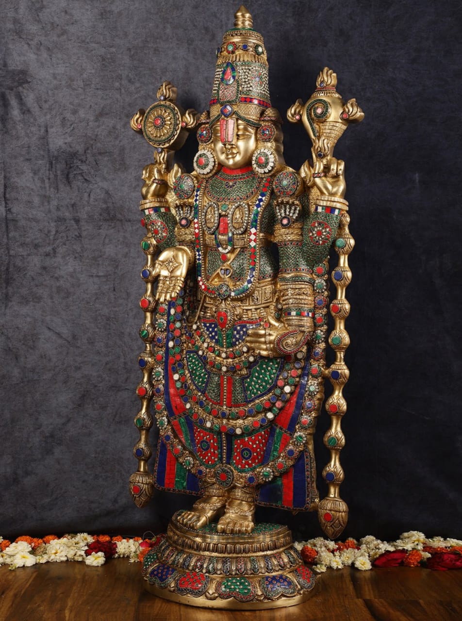 Brassaura™ Majestic Brass Lord Venkateshwara Idol with Stonework – 48 Inches, 49 Kgs