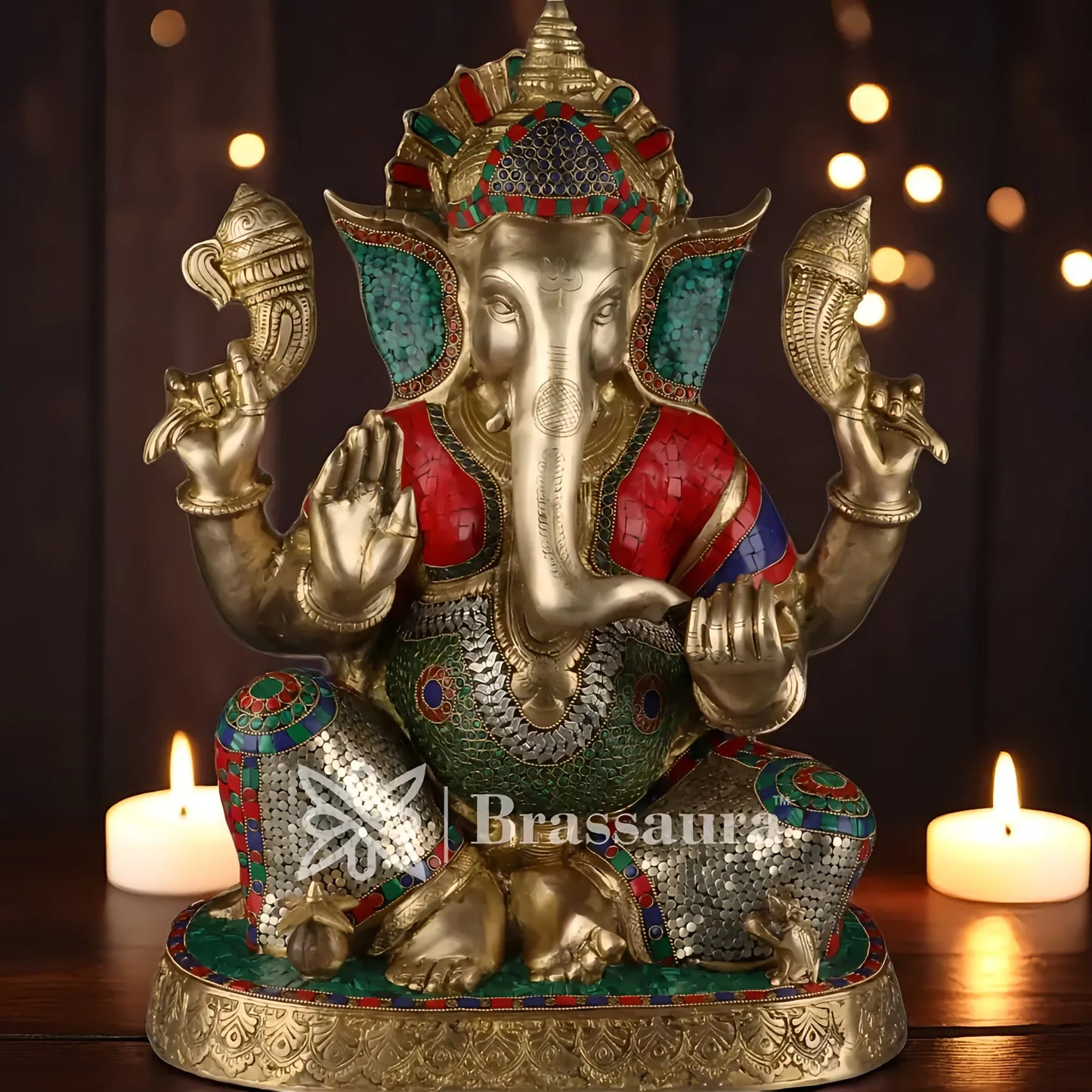 Brassaura™ Brass Gem Stone Work Ganesha Idol for Home and Decor | Weight 27.2 Kgs | Height 22 Inches