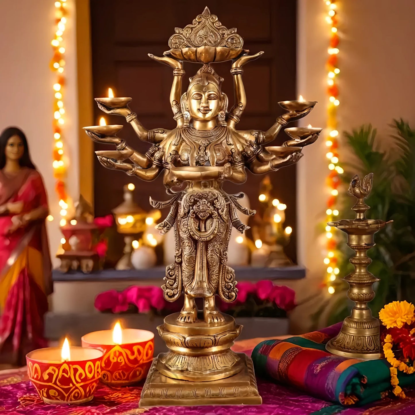 Brassaura™ Brass Deep Lakshmi Statue with 7 Diyas & Urli – Height 28 Inches | Handcrafted Goddess Idol, 18 Kgs