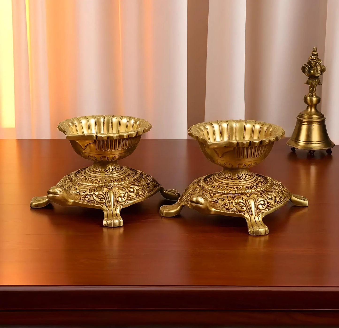 Brassaura™ Brass Tortoise Shaped Diya Lamps Pair with Matte Gold Finish – Height 4 Inches | Traditional Oil Lamp, 3.6 Kgs