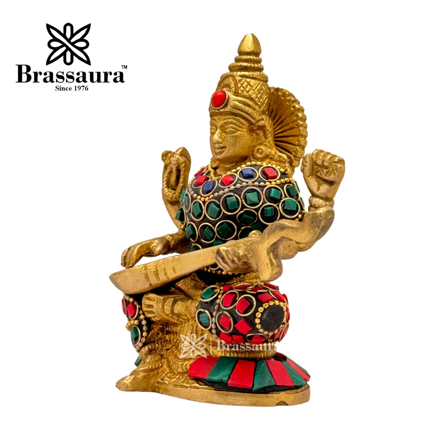 Brassaura™ Artistic Brass Saraswati Murti with Gem Stone Detailing – Height 4.8 Inches & Weight 0.8 Kgs