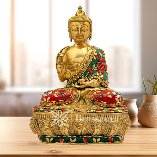 Brassaura® Brass Gem Stone Work Meditative Buddha Idol for Home Decor | Pure Superfine Brass Handcrafted Murti | Brass Statue for Home Temple, Pooja Room | Height 9.84 Inches | Weight 3.6 Kg