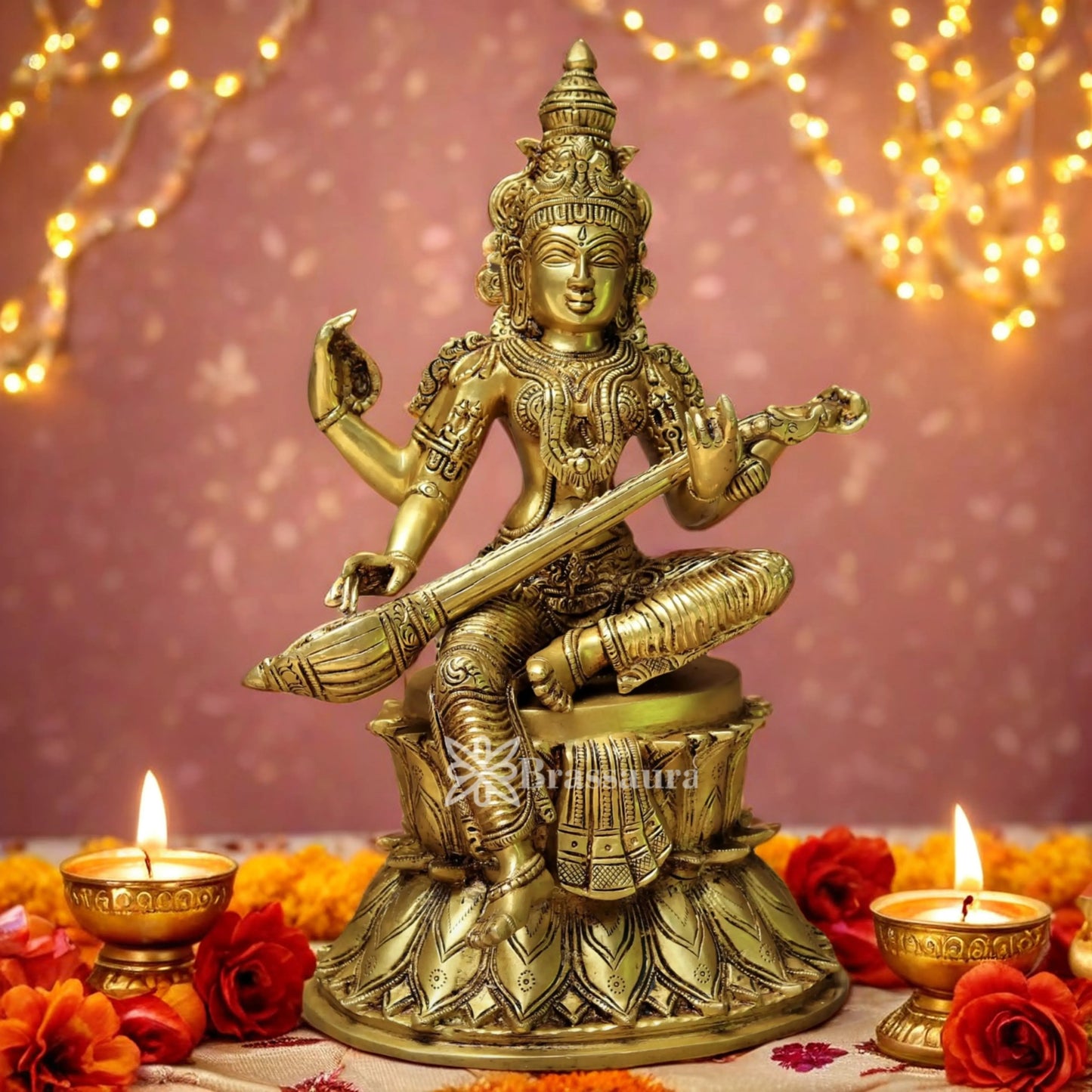 Brassaura™ Handcrafted Brass Saraswati Murti – Height 14.5 Inches & Weight 8.5 Kgs | Spiritual Home Décor