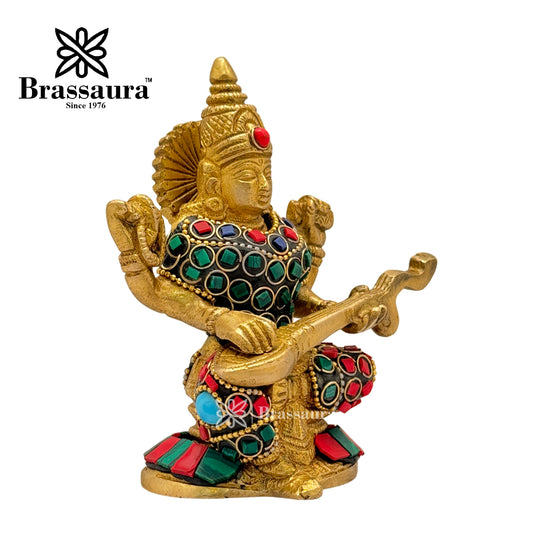 Brassaura™ Artistic Brass Saraswati Murti with Gem Stone Detailing – Height 4.8 Inches & Weight 0.8 Kgs