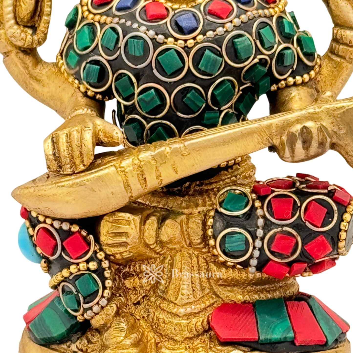 Brassaura™ Artistic Brass Saraswati Murti with Gem Stone Detailing – Height 4.8 Inches & Weight 0.8 Kgs