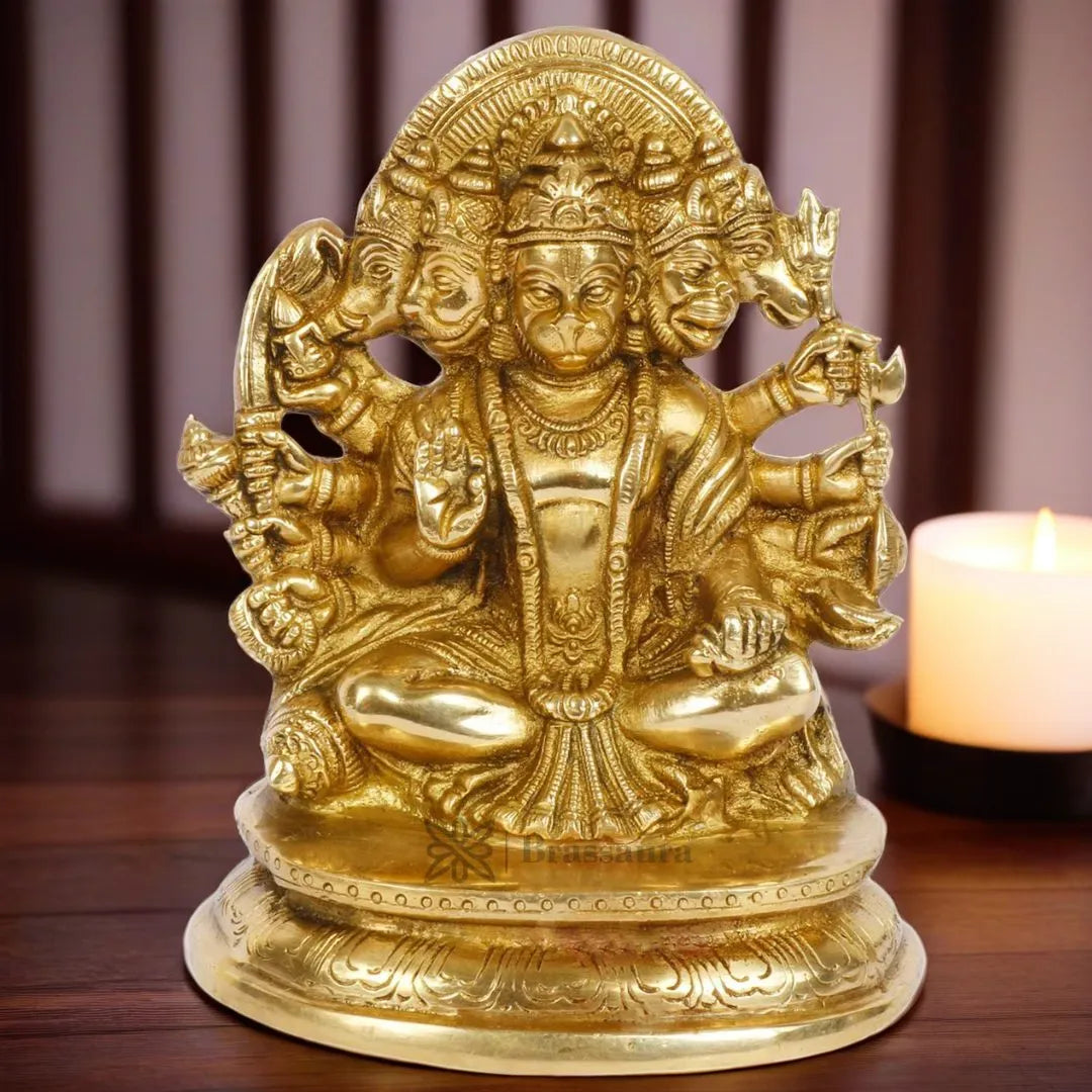Brassaura™ Brass Panchmukhi Hanuman Idol for Pooja Room – Height 8 Inches & Weight 1.9 Kgs | Classic Décor