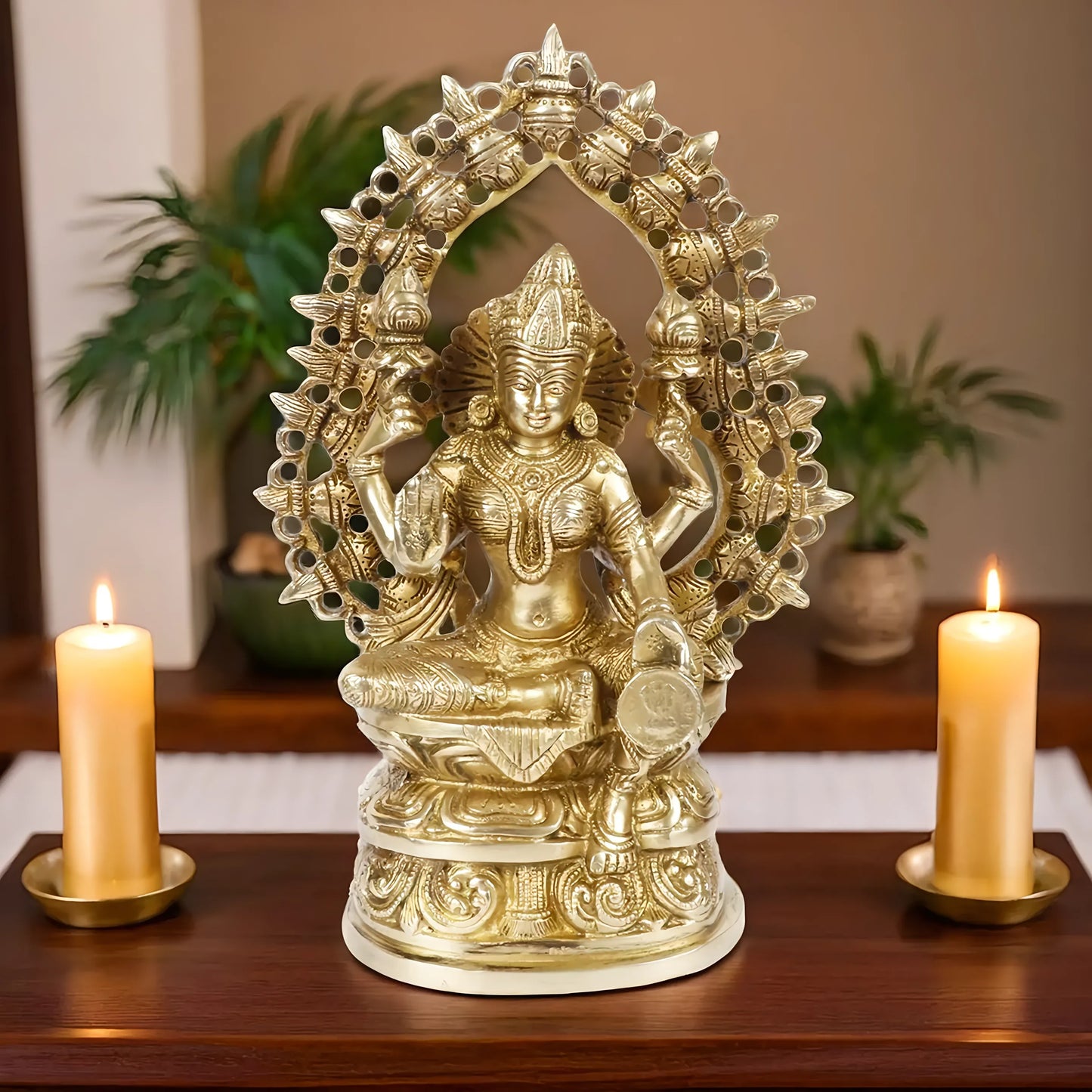Brassaura™ Classic Brass Laxmi Statue – Height 12 Inches & Weight 3 Kgs | Puja Room Idol