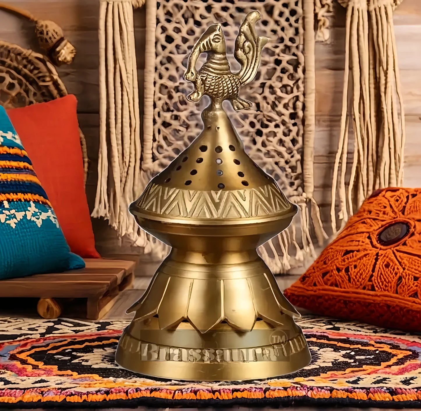 Brassaura™ Brass Peacock Loban Daam Dhoop Burner – Height 6.5 Inches | Traditional Incense Holder, 470 Gms