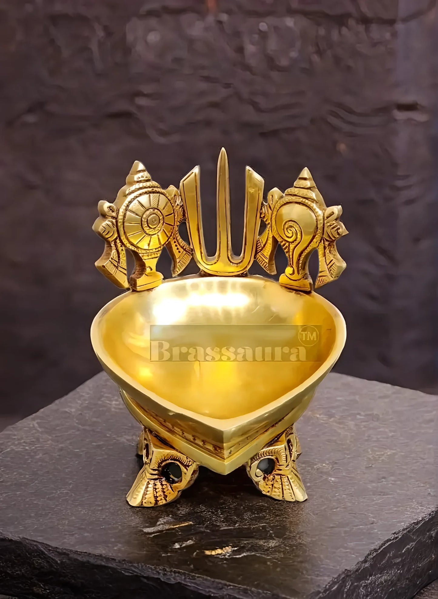 Brassaura™ Handcrafted Brass Shanku Chakra Namah Diya – Height 5 Inches | Traditional Oil Lamp, 1.5 Kgs