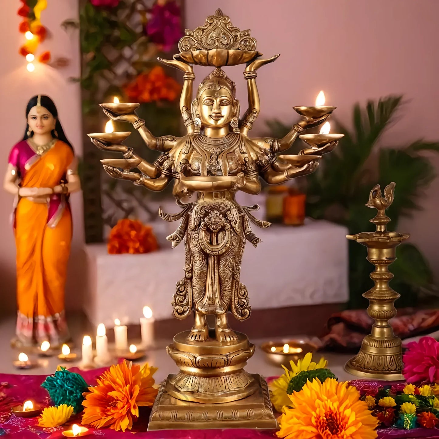 Brassaura™ Brass Deep Lakshmi Statue with 7 Diyas & Urli – Height 28 Inches | Handcrafted Goddess Idol, 18 Kgs
