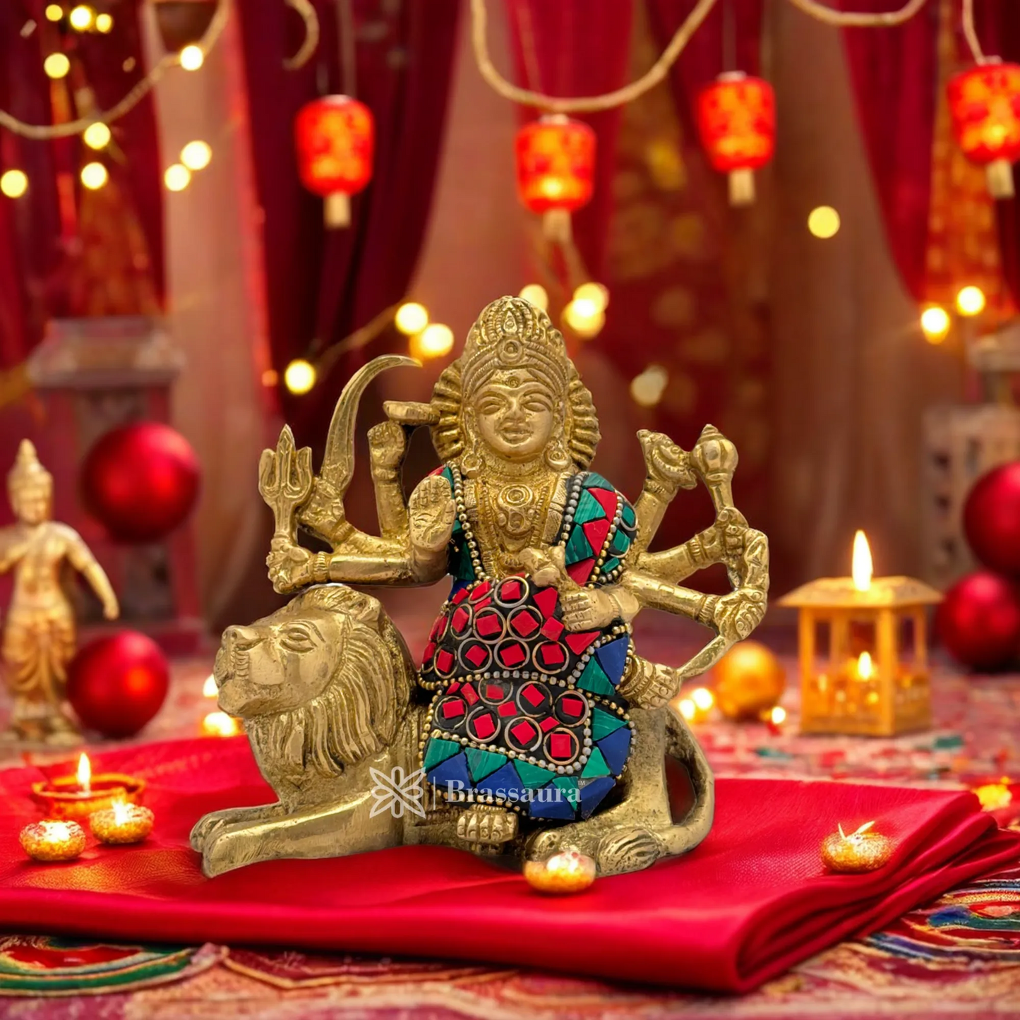 Brass Gem Stone Work Durga For Home And Décor Height 4.8 Inches & Weight 0.9 Kgs