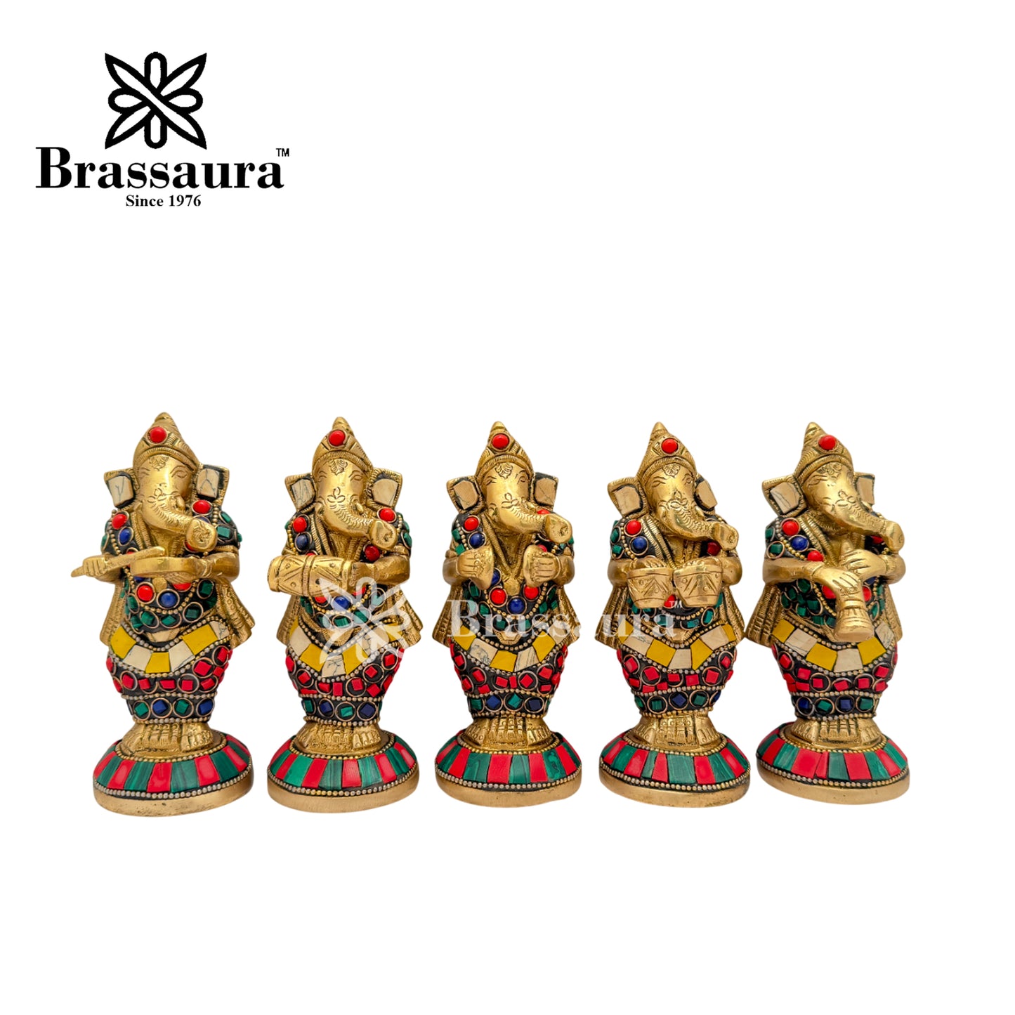 Brassaura™ Brass Work Instrumental Ganesha Idol for Home and Decor | Brass Ganesha Barat Statue  | Weight 3.3 Kgs | Height 5.1 Inches