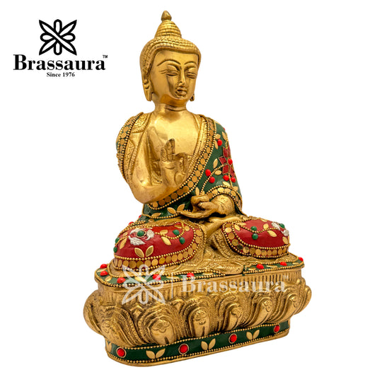 Brassaura® Brass Gem Stone Work Meditative Buddha Idol for Home Decor | Pure Superfine Brass Handcrafted Murti | Brass Statue for Home Temple, Pooja Room | Height 9.84 Inches | Weight 3.6 Kg