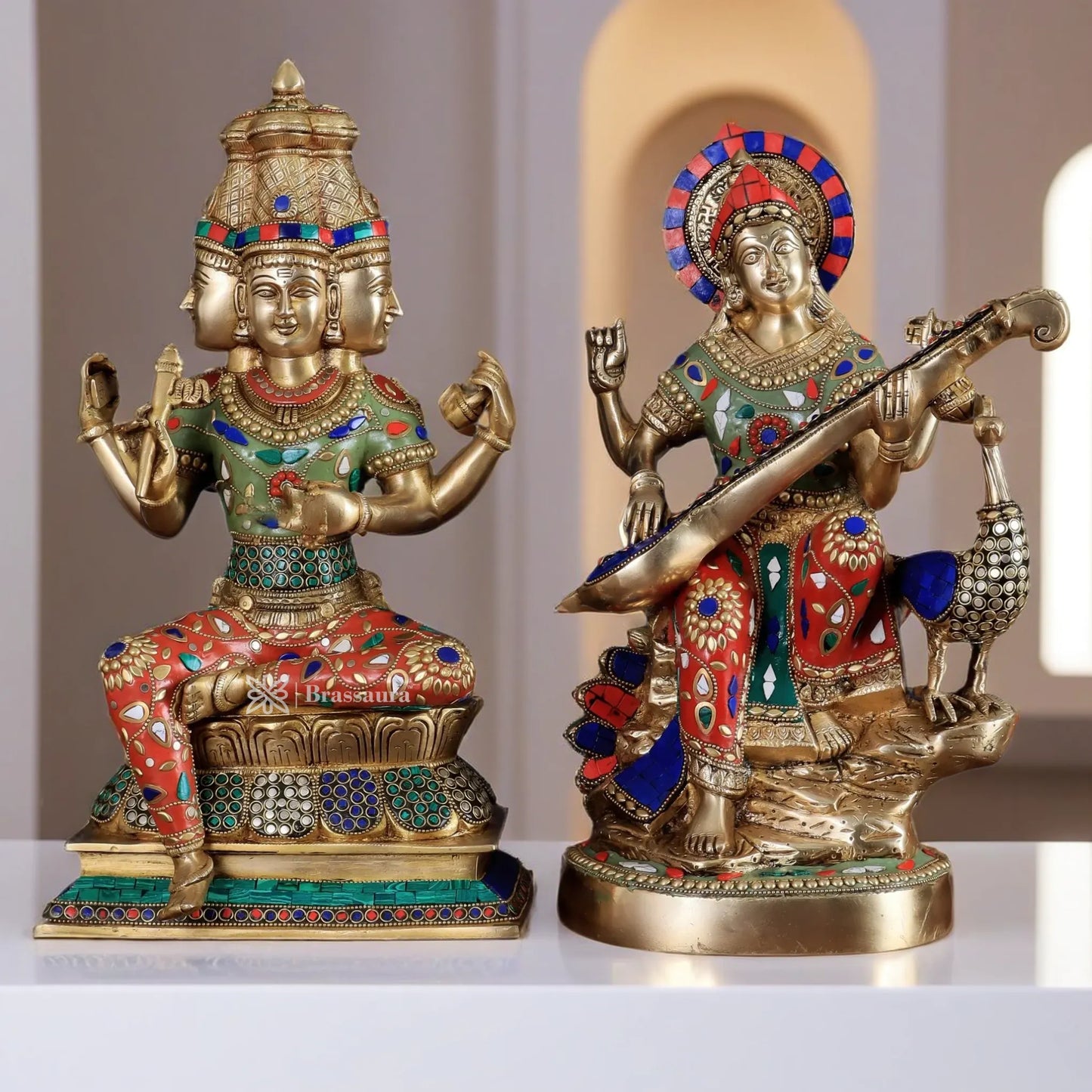 Brassaura™ Brass Gem Stone Work Saraswati & Lord Brahma For Puja Room Height 15 Inches & Weight 20 Kgs