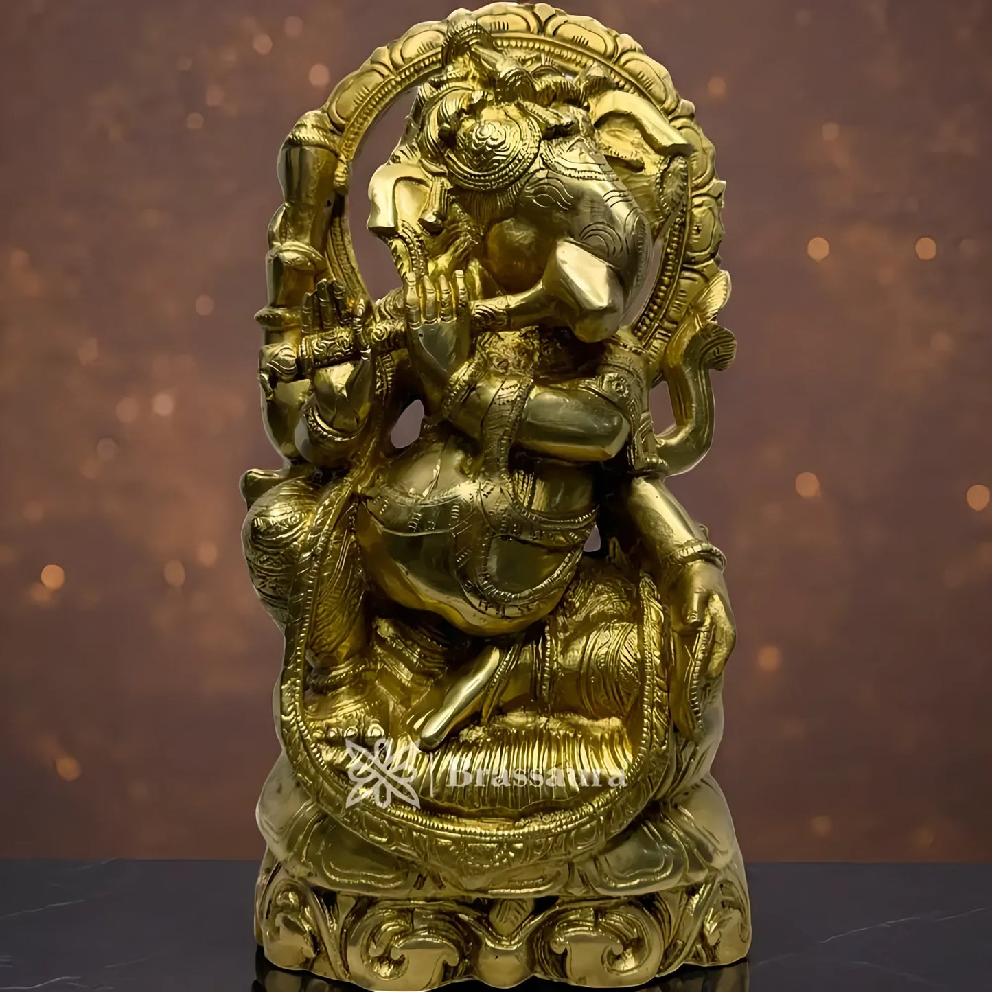 Brassaura™ Brass Flute Ganesha Murti – Height 12.6 inches & Weight 7.4 kgs | Ganpati Playing Flute Idol for Pooja & Home Décor