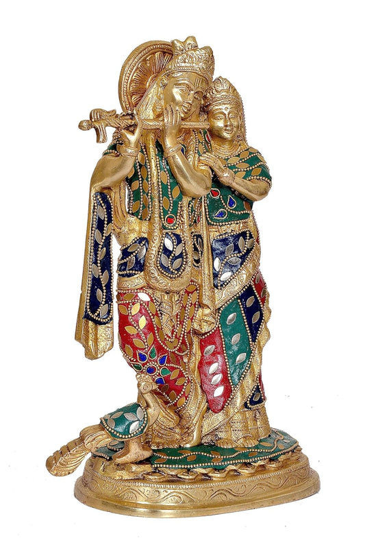 Brassaura™ Brass Radha Krishna Idol Statue with Peacock for Home Decor Temple | Height 11.5 inches & Weight 4.2 Kgs