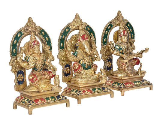 Brassaura® Brass Lakshmi Ganesh Saraswati Statue | Height 7.5 Inches | Multicolor Divine Idol for Home & Mandir