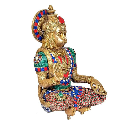 Brassaura® Brass Hanuman Statue | 11 Inch Multicolor Sitting Bajrangbali Idol