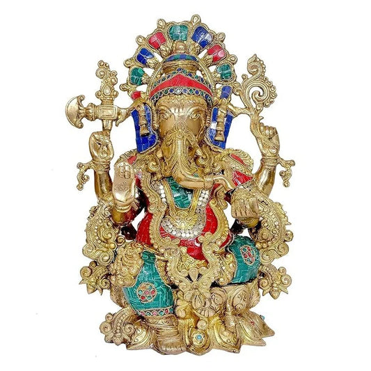 Brassaura® Brass Ganesha Mangalkari Statue with Lotus Frame | Height 16 Inches