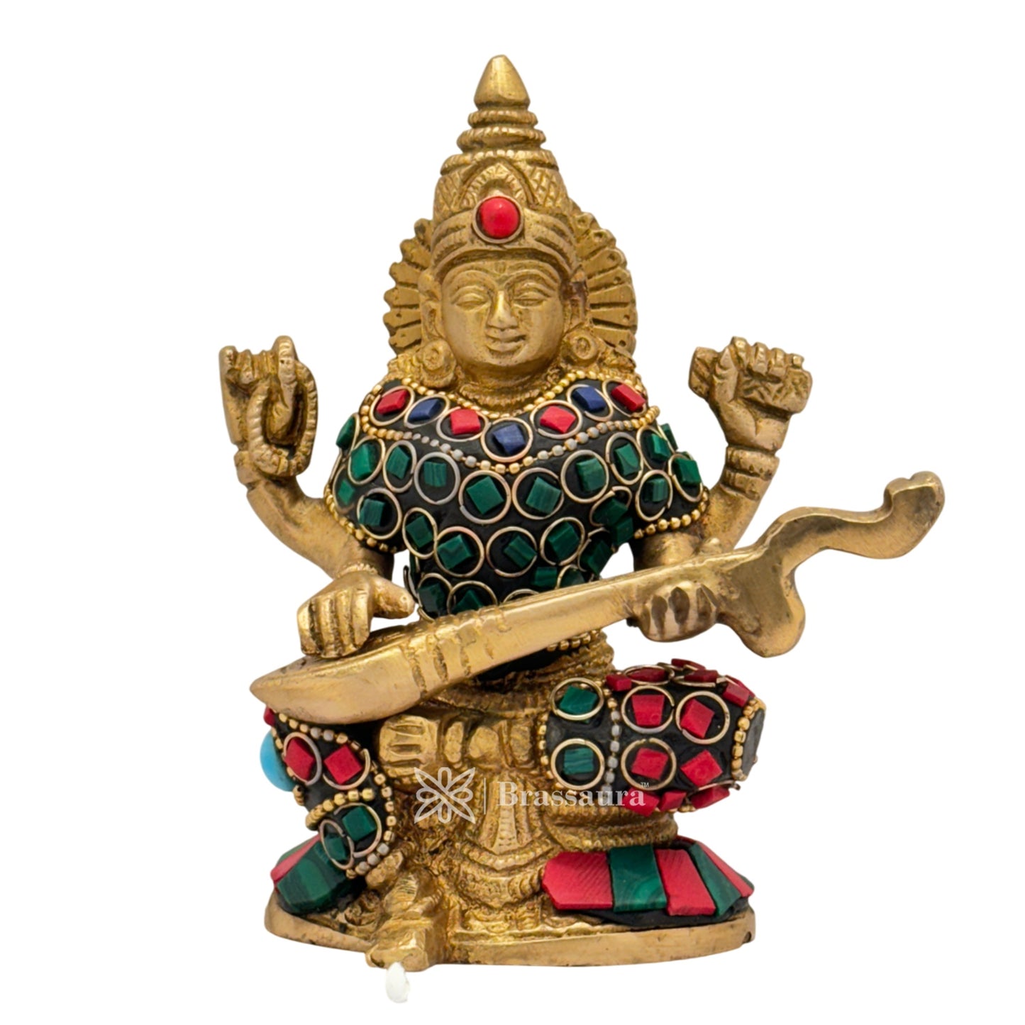 Brassaura™ Artistic Brass Saraswati Murti with Gem Stone Detailing – Height 4.8 Inches & Weight 0.8 Kgs
