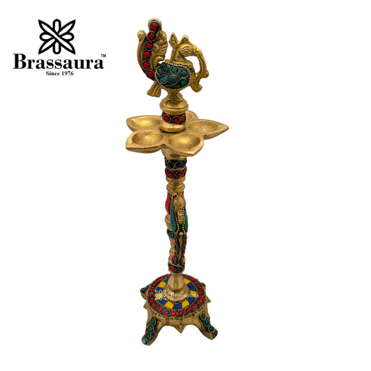 Brassaura® Brass Gemstone Work Diya Idol with Gemstone Inlay Finish | Pure Superfine Brass Handcrafted Murti | Brass Statue for Home Temple, Pooja Room | Height 11.8 Inches | Weight 1.2 Kgs
