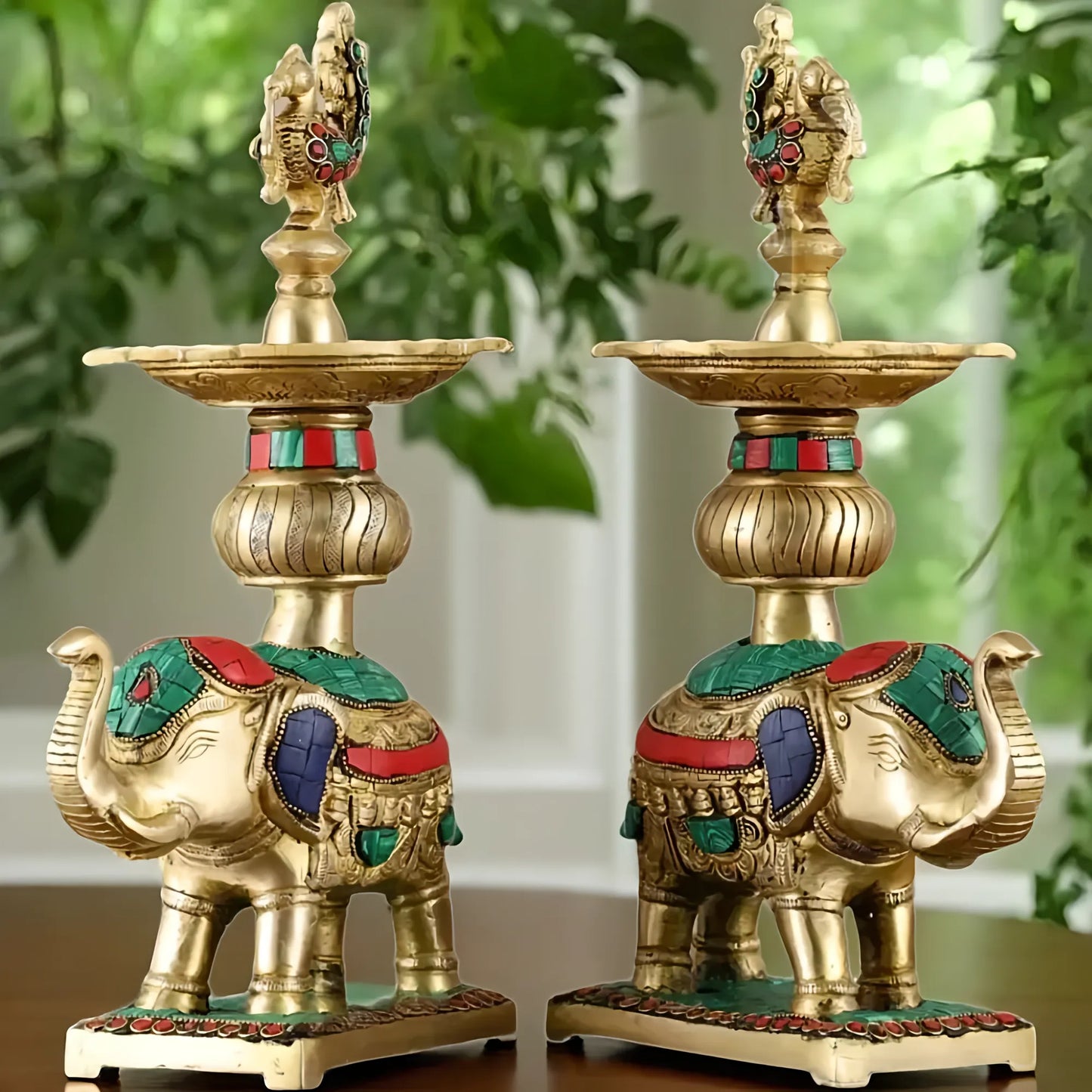 Brassaura™ Pair of Brass Elephants Holding Peacock Lamps – Height 11.5 Inches | Traditional Oil Lamps, 6 Kgs
