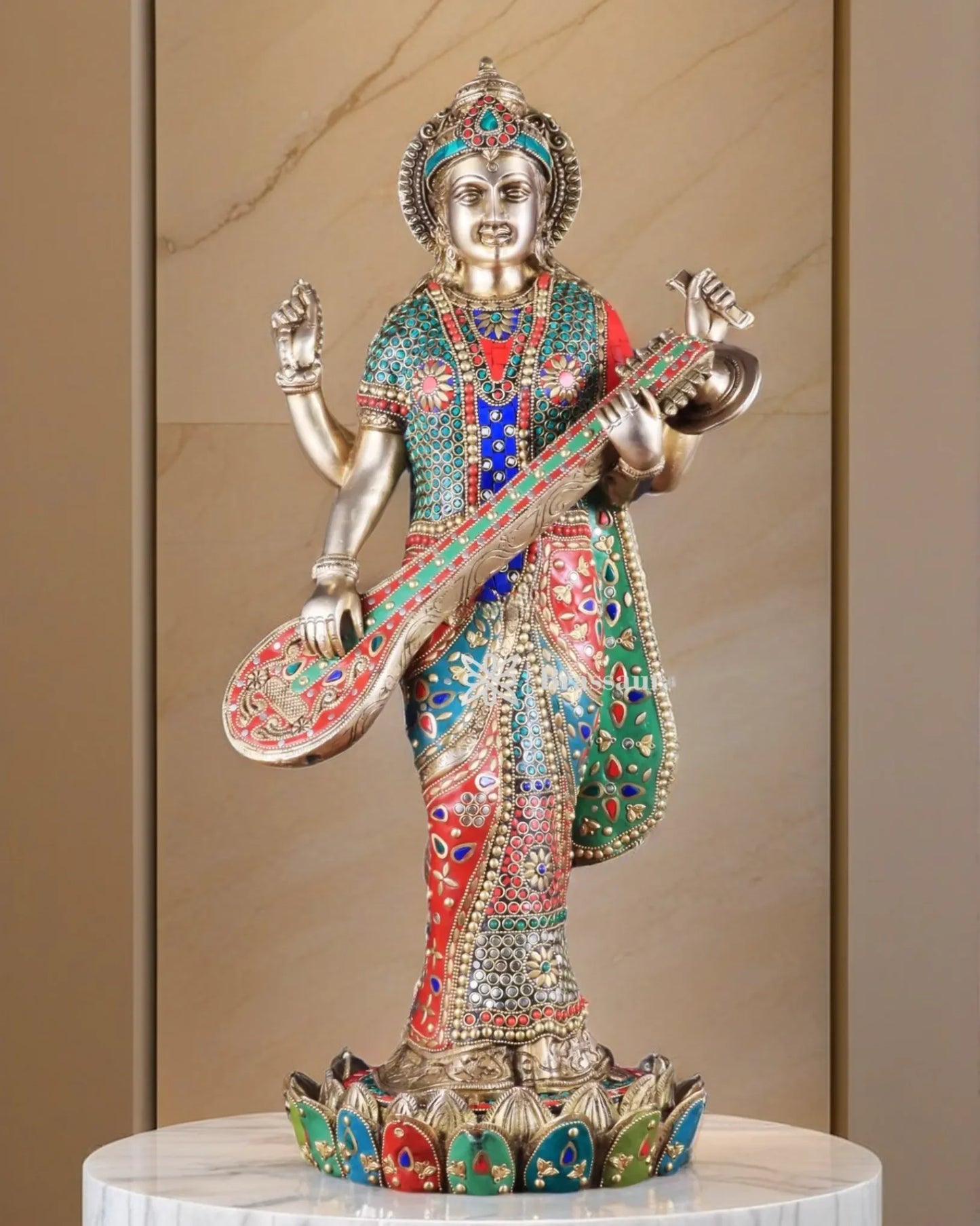 Brass Gem Stone Work Saraswati for Home and Decor Height 25 Inches & Weight 22 Kgs